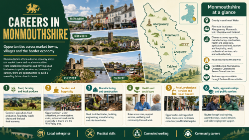 A Monmouthshire careers infographic titled “Careers in Monmouthshire”, showing Abergavenny, Monmouth, Usk, Chepstow and Caldicot on a county map, with career sectors including food and farming, tourism and hospitality, manufacturing, construction, health and social care, retail, professional services, skills, apprenticeships and public services. Why Move to Monmouthshire