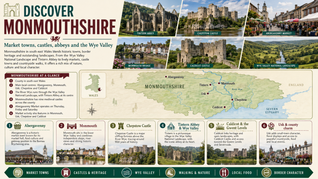 A Monmouthshire discovery infographic titled “Discover Monmouthshire”, featuring Tintern Abbey, Chepstow Castle, Abergavenny Market, Monmouth Bridge, Caldicot Castle and the Wye Valley, with a county map and themes of market towns, castles, heritage, local food, walking and nature. Why Move to Monmouthshire