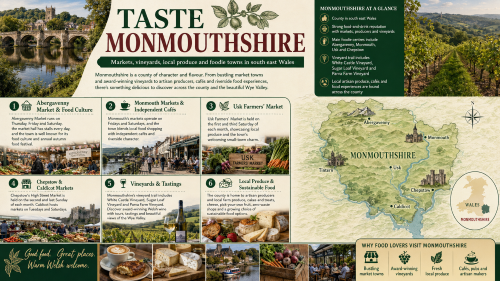 A Monmouthshire food and drink infographic titled “Taste Monmouthshire”, featuring local markets, vineyards, cafés, artisan produce, Abergavenny, Monmouth, Usk, Chepstow, Caldicot and Tintern on a county map, with themes of Welsh food culture, local produce and the Wye Valley. Why Move to Monmouthshire