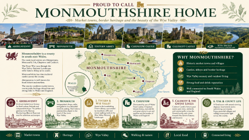 A Monmouthshire place infographic titled “Proud to Call Monmouthshire Home”, featuring Abergavenny, Monmouth, Tintern Abbey, Chepstow Castle, Caldicot Castle and the Wye Valley, with a county map and themes of market towns, heritage, nature, local food and connected living. Why Move to Monmouthshire