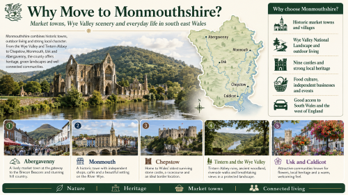 A Monmouthshire relocation infographic titled “Why Move to Monmouthshire?”, featuring Tintern Abbey and the Wye Valley, an inset county map, and highlights for Abergavenny, Monmouth, Chepstow, Tintern, Usk and Caldicot, with themes of nature, heritage, market towns and connected living. Why Move to Monmouthshire