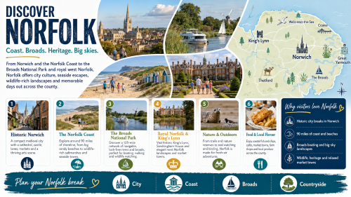 Infographic titled “Discover Norfolk” promoting Norfolk as a visitor destination. It shows Norwich, the Norfolk Coast, the Broads, King’s Lynn, Wells-next-the-Sea, Cromer, Great Yarmouth and Thetford on a illustrated county map, alongside scenic images of Norwich Cathedral, Broadland boating, sandy beaches, heritage houses, seals, wildlife and fish and chips. The infographic highlights Historic Norwich, the Norfolk Coast, the Broads National Park, Royal Norfolk and King’s Lynn, nature and outdoor activities, and local food, with a footer encouraging visitors to plan a Norfolk break across city, coast, Broads and countryside. Why Move to Norfolk