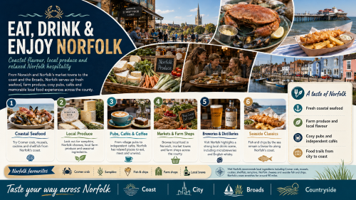 Infographic titled “Eat, Drink & Enjoy Norfolk” promoting Norfolk food and drink. It features coastal seafood, Cromer crab, fish and chips, local produce, Norfolk cheeses, farm shops, pubs, cafés, breweries and distilleries. The design includes scenes of Norwich, a coastal pier, a quayside, market produce, family dining and seafood dishes. A side panel highlights fresh coastal seafood, farm produce, cosy pubs, independent cafés and food trails from city to coast, with a footer encouraging people to taste their way across Norfolk through the coast, city, Broads and countryside. Why Move to Norfolk