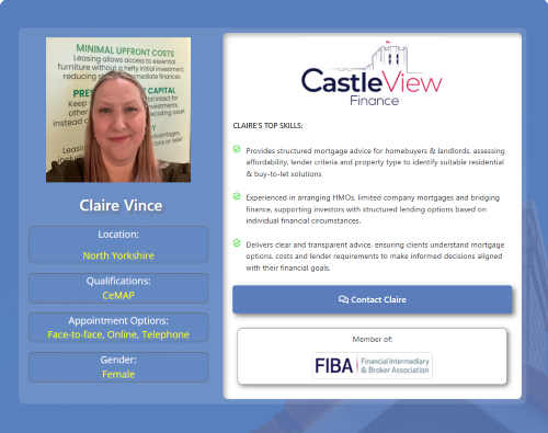Profile card for Claire Vince, a female mortgage adviser based in North Yorkshire with CeMAP qualifications. The card shows her portrait, appointment options of face-to-face, online and telephone, and highlights her experience in residential mortgages, buy-to-let, HMOs, limited company mortgages, bridging finance and clear mortgage guidance. The design includes the Castle View Finance logo, a “Contact Claire” button and FIBA membership branding. Why Move to North Yorkshire