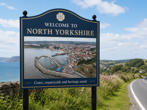 Roadside welcome sign reading “Welcome to North Yorkshire” with an aerial image of a coastal harbour town displayed on the sign. The navy and gold sign stands beside a countryside road with grass verges, wildflowers, rolling hills, distant coastline and blue sky. A smaller line at the bottom reads “Coast, countryside and heritage await.” Why Move to North Yorkshire