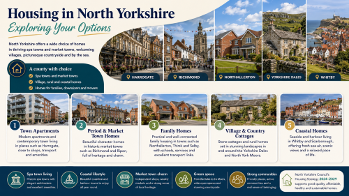Infographic titled “Housing in North Yorkshire: Exploring Your Options” showing housing choices across Harrogate, Richmond, Northallerton, the Yorkshire Dales and Whitby. It highlights town apartments, period and market town homes, family homes, village and country cottages, and coastal homes. The design also notes North Yorkshire’s spa town living, coastal lifestyle, market town charm, green space and strong communities, with a reference to North Yorkshire Council’s Housing Strategy 2024 to 2029. Why Move to North Yorkshire