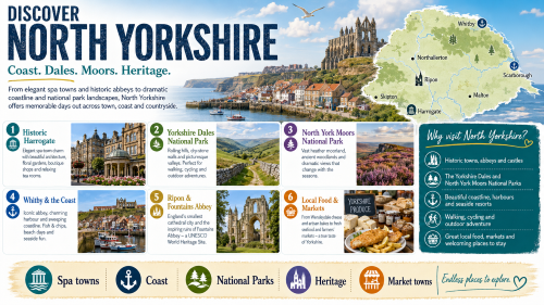 Infographic titled “Discover North Yorkshire” promoting the county as a visitor destination. It features Whitby, Scarborough, Harrogate, Ripon, Northallerton, Skipton, Malton, the Yorkshire Dales and the North York Moors on an illustrated map. The design highlights historic Harrogate, the Yorkshire Dales National Park, the North York Moors National Park, Whitby and the coast, Ripon and Fountains Abbey, and local food and markets, with a side panel promoting historic towns, national parks, coastline, walking, cycling and local food. Why Move to North Yorkshire