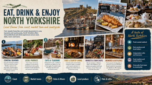 Infographic titled “Eat, Drink & Enjoy North Yorkshire” promoting local food and drink across the county. It features Whitby harbour, fish and chips, afternoon tea, seafood, local produce, cafés, tearooms, country pubs, markets, farm shops, breweries and distilleries. The design highlights coastal seafood, farm produce, independent cafés, food markets and cosy pubs across North Yorkshire’s coast, market towns, Dales and moors. Why Move to North Yorkshire