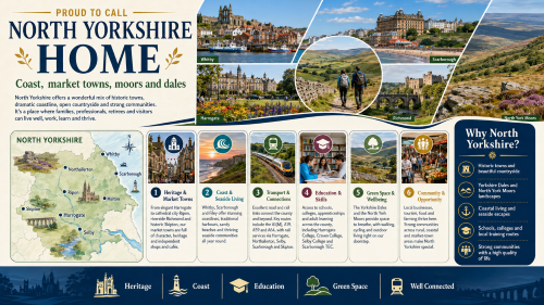 Infographic titled “Proud to Call North Yorkshire Home” promoting North Yorkshire as a place to live, work and learn. It features Whitby, Scarborough, Harrogate, Richmond, the North York Moors, the Yorkshire Dales and a county map marking towns such as Northallerton, Ripon, Malton, Skipton and Selby. The design highlights heritage and market towns, coast and seaside living, transport connections, education and skills, green space and wellbeing, and community opportunities, with a side panel explaining North Yorkshire’s historic towns, national parks, coast, schools, colleges and strong communities. Why Move to North Yorkshire