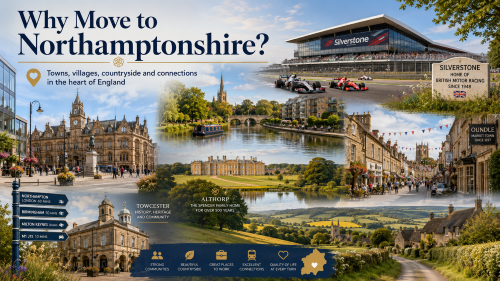 Wide scenic montage titled “Why Move to Northamptonshire?” showing Northampton town architecture, Silverstone Circuit, the River Nene, Althorp-style countryside, Oundle market streets, Towcester stone buildings and rural villages. The image highlights towns, villages, countryside, transport connections, strong communities, places to work and quality of life in the heart of England. Why Move to Northamptonshire