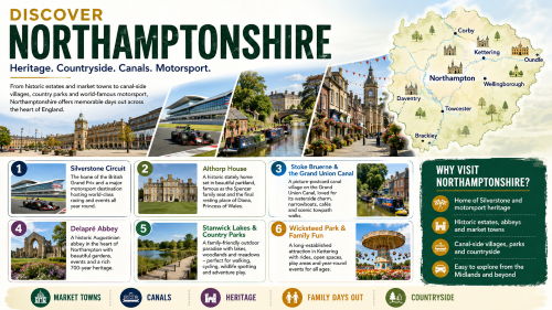 Infographic titled “Discover Northamptonshire” promoting places to visit across the county. It features Silverstone Circuit, Althorp House, Stoke Bruerne and the Grand Union Canal, Delapré Abbey, Stanwick Lakes, Wicksteed Park, market towns, countryside and a county map showing Northampton, Corby, Kettering, Oundle, Wellingborough, Daventry, Towcester and Brackley. The design highlights Northamptonshire’s motorsport heritage, historic estates, canals, parks, countryside and family days out. Why Move to Northamptonshire