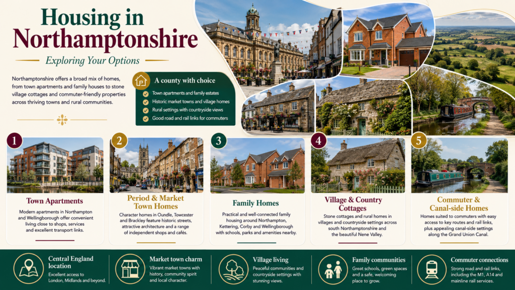Infographic titled “Housing in Northamptonshire: Exploring Your Options” showing housing choices across the county. It highlights town apartments, period and market town homes, family homes, village and country cottages, and commuter and canal-side homes. The design features Northamptonshire town architecture, modern estates, stone cottages, rural countryside and canal scenery, with references to Northampton, Wellingborough, Oundle, Towcester, Brackley, Kettering and Corby. Why Move to Northamptonshire