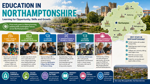 Infographic titled “Education in Northamptonshire” showing learning opportunities across the county. It highlights early years and childcare, primary and secondary education, further education, apprenticeships and technical skills, higher education, and adult learning support. The design features Northamptonshire scenery, the River Nene, a county map with Northampton, Corby, Kettering, Oundle, Wellingborough, Towcester, Brackley and Daventry, plus references to Northampton College, Moulton College, Tresham College and the University of Northampton. Why Move to Northamptonshire