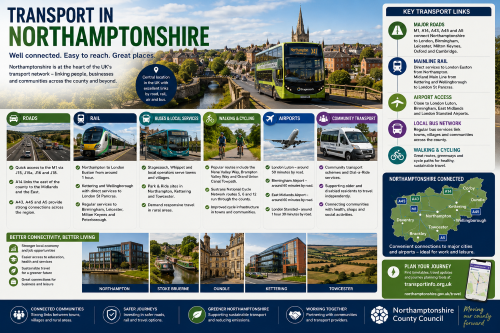 Infographic titled “Transport in Northamptonshire” showing road, rail, bus, cycling, airport and community transport links across the county. It features a bus, train, motorway, cyclists, aircraft, community transport vehicle and a county map marking Northampton, Corby, Kettering, Wellingborough, Daventry, Towcester, Brackley and Oundle. The design highlights major routes including the M1, A14, A43, A45 and A5, rail links to London and the Midlands, local bus services, walking and cycling routes, nearby airports and accessible travel support. Why Move to Northamptonshire