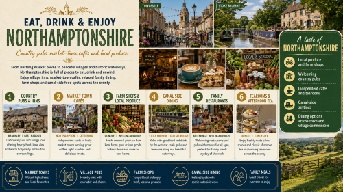 Infographic titled “Eat, Drink & Enjoy Northamptonshire” promoting local food and drink across the county. It features market-town cafés, country pubs, farm shops, local produce, canal-side dining, family restaurants, tearooms and afternoon tea. The design includes scenes of Towcester, Stoke Bruerne, Brackley, Oundle, Wellingborough, Kettering, canals, village inns and countryside, with a side panel highlighting local produce, welcoming pubs, independent cafés and dining across town and village communities. Why Move to Northamptonshire