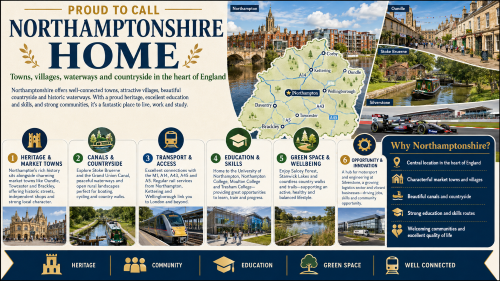 Infographic titled “Proud to Call Northamptonshire Home” showing Northamptonshire as a place to live, work and study. It features Northampton, Oundle, Stoke Bruerne, Silverstone and a county map marking Northampton, Corby, Kettering, Wellingborough, Daventry, Towcester, Brackley and Oundle. The image highlights heritage and market towns, canals and countryside, transport links, education and skills, green space, wellbeing, opportunity and innovation, with a side panel promoting Northamptonshire’s central location, welcoming communities and quality of life. Why Move to Northamptonshire