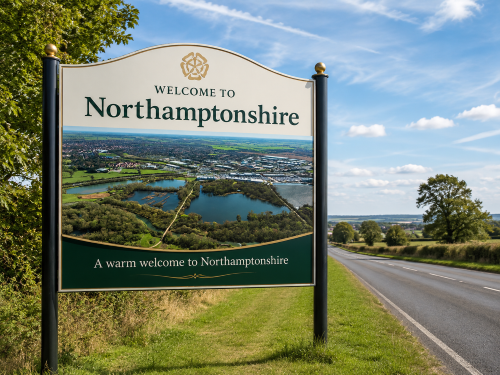 Roadside welcome sign reading “Welcome to Northamptonshire” with an aerial countryside and lakes image displayed on the sign. The cream and green sign stands beside a rural road with grass verges, trees, open fields and a bright blue sky. A smaller line at the bottom reads “A warm welcome to Northamptonshire.” Why Move to Northamptonshire