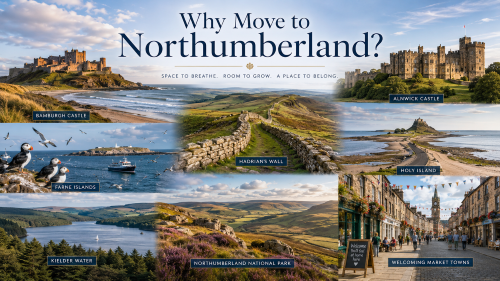 Wide scenic montage titled “Why Move to Northumberland?” showing Bamburgh Castle, Alnwick Castle, Hadrian’s Wall, Holy Island, the Farne Islands, Kielder Water, Northumberland National Park and a welcoming market town. The bright lifestyle image highlights Northumberland’s castles, coastline, countryside, open landscapes and community appeal, with the line “Space to breathe. Room to grow. A place to belong.” Why Move to Northumberland