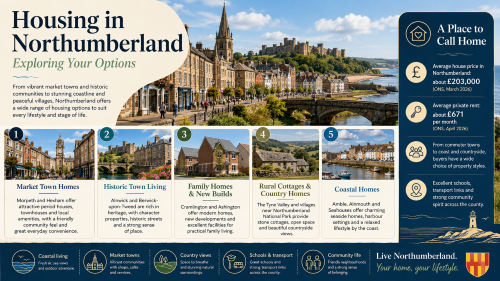 Infographic titled “Housing in Northumberland: Exploring Your Options” showing housing choices across the county. It features a large scenic image of a historic Northumberland town with coast and castle views, plus five housing categories: market town homes, historic town living, family homes and new builds, rural cottages and country homes, and coastal homes. The examples reference places including Morpeth, Hexham, Alnwick, Berwick-upon-Tweed, Cramlington, Ashington, the Tyne Valley, Amble, Alnmouth and Seahouses. A side panel highlights Northumberland as “A Place to Call Home” and includes average housing figures, stating an average house price of about £203,000 and average private rent of about £671 per month, alongside notes about schools, transport links and community life. A footer promotes coastal living, market towns, country views, schools and transport, and strong community spirit across Northumberland. Why Move to Northumberland