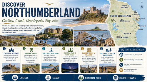 Infographic titled “Discover Northumberland” promoting the county as a visitor destination. It features Bamburgh Castle, Hadrian’s Wall, Holy Island, the Farne Islands, Kielder, Alnwick, Berwick-upon-Tweed, Seahouses, Amble, Morpeth and Hexham on an illustrated county map. The design highlights castles and heritage, Roman history, the coast and islands, Northumberland National Park, dark skies, market towns, villages, walking, cycling and outdoor adventures. Why Move to Northumberland