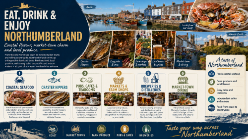 Infographic titled “Eat, Drink & Enjoy Northumberland” promoting local food and drink across the county. It features Amble harbour, coastal seafood, Craster kippers, cosy pubs, tearooms, farm shops, local produce, breweries, distilleries, market-town dining and Alnwick Castle. The design highlights fresh seafood, Northumbrian specialities, independent cafés, local makers, pubs, cafés and food experiences from coast to countryside. Why Move to Northumberland
