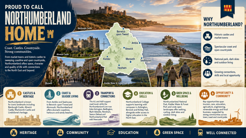 Infographic titled “Proud to Call Northumberland Home” promoting Northumberland as a place to live, work and learn. It features Bamburgh Castle, Alnwick Castle, Lindisfarne, Morpeth, Kielder Water and Forest Park, open countryside and a county map marking Berwick-upon-Tweed, Amble, Alnwick, Morpeth, Seahouses, Hexham and Kielder. The design highlights castles and heritage, coast and seaside living, transport connections, education and skills, green space and wellbeing, and community opportunities, with a side panel explaining Northumberland’s historic castles, market towns, coastline, national park, dark skies and growing local connections. Why Move to Northumberland