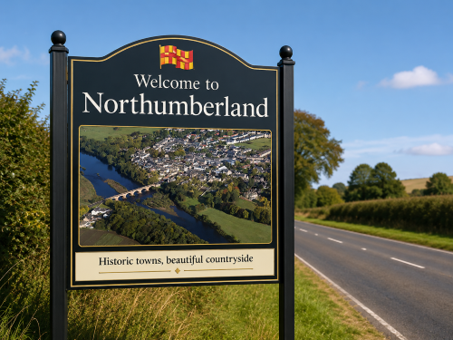 Roadside welcome sign reading “Welcome to Northumberland” with an aerial countryside village and river image displayed on the sign. The dark green and gold sign stands beside a rural road with hedgerows, trees, grass verges and a bright blue sky. A lower panel reads “Historic towns, beautiful countryside.” Why Move to Northumberland
