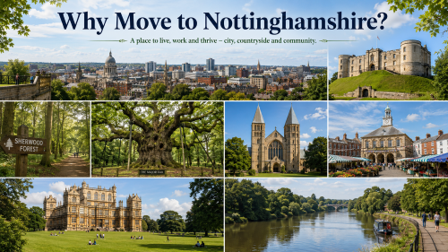 Scenic montage titled “Why Move to Nottinghamshire?” showing Nottingham city skyline, Nottingham Castle, Sherwood Forest, the Major Oak, Southwell Minster, Newark market square, Wollaton Hall and a riverside view of the River Trent. The image presents Nottinghamshire as a welcoming place to live, work and thrive, with a mix of city life, countryside, heritage and community. Why Move to Nottinghamshire
