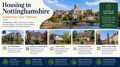 Infographic titled “Housing in Nottinghamshire: Exploring Your Options” showing housing choices across the county. It highlights city apartments in Nottingham, period and Victorian homes, suburban family homes in West Bridgford, Beeston and Mansfield, village cottages near Sherwood Forest and Southwell, and market town homes in Newark, Retford and Worksop. The design also promotes city living, market towns, schools and services, parks and countryside, and good road and rail connections across Nottinghamshire. Why Move to Nottinghamshire