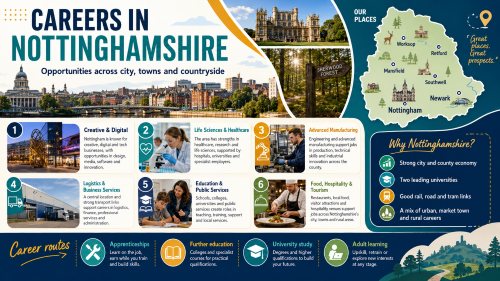 Infographic titled “Careers in Nottinghamshire” showing job opportunities across city, towns and countryside. It highlights key sectors including creative and digital, life sciences and healthcare, advanced manufacturing, logistics and business services, education and public services, and food, hospitality and tourism. The design features Nottingham city skyline, Wollaton Hall, Sherwood Forest, a county map with Nottingham, Newark, Southwell, Mansfield, Retford and Worksop, and career routes through apprenticeships, further education, university study and adult learning. Why Move to Nottinghamshire