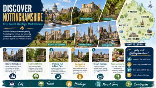 Infographic titled “Discover Nottinghamshire” promoting the county as a visitor destination. It features Nottingham city, Nottingham Castle, Sherwood Forest, the Major Oak, Wollaton Hall and Deer Park, Southwell Minster and Newark-on-Trent. The design includes a county map marking Nottingham, Mansfield, Worksop, Retford, Southwell and Newark, plus sections on historic Nottingham, Sherwood Forest, Wollaton Hall, Southwell, Newark heritage, food and local favourites, green spaces, market towns and countryside. Why Move to Nottinghamshire