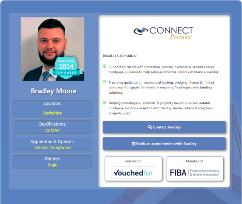 Profile card for Bradley Moore, a male mortgage adviser based in Berkshire with CeMAP qualifications. The card shows his portrait with a VouchedFor 2024 Top Rated badge, appointment options of online and telephone, and highlights his support with protection, general insurance, second charge mortgages, commercial lending, bridging finance, limited company mortgages, homebuyer advice, buy-to-let and property investor mortgage solutions. The design includes the Connect Premier logo, “Contact Bradley” and “Book an appointment with Bradley” buttons, plus VouchedFor and FIBA membership brandin - Why Move to Oxfordshire