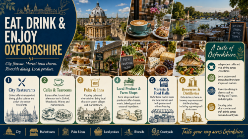 Infographic titled “Eat, Drink & Enjoy Oxfordshire” promoting local food and drink across the county. It features Oxford’s historic skyline, riverside dining on the Thames, cafés, tearooms, country pubs, farm produce, cheeses, market food, breweries and distilleries. The design highlights city restaurants, local produce, markets, independent cafés, riverside dining in places such as Henley-on-Thames and Abingdon, and country pubs across Oxfordshire. Why Move to Oxfordshire