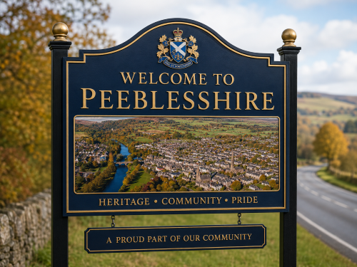 Welcome to Peeblesshire road sign featuring gold lettering, a crest, and an aerial view of a riverside town surrounded by autumn trees and rolling countryside. Why Move to Peeblesshire