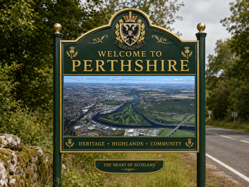 Why Move to Perthshire road sign featuring county-style green and gold colouring, a crest, and an aerial view of the River Tay winding through Perthshire’s townscape, parkland, and surrounding countryside.