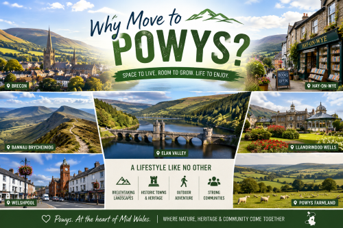 Scenic montage titled “Why Move to Powys?” showing Brecon, Hay-on-Wye, Bannau Brycheiniog, Elan Valley, Llandrindod Wells, Welshpool and rolling Powys farmland. The image highlights Powys as a welcoming Mid Wales county with dramatic landscapes, historic towns, outdoor adventure, strong communities and space to live and grow. Why Move to Powys