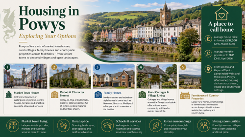 Infographic titled “Housing in Powys: Exploring Your Options” showing housing choices across Mid Wales. It highlights market town homes, period and character homes, family homes, rural cottages and village living, and farmhouses and country properties. The design features Powys countryside, a riverside market town, cottages, family housing, farmland and key areas such as Brecon, Newtown, Welshpool, Hay-on-Wye, Builth Wells and Llandrindod Wells. A side panel notes the average Powys house price and private rent, with a footer promoting market town living, rural space, schools, services, green surroundings and strong communities. Why Move to Powys