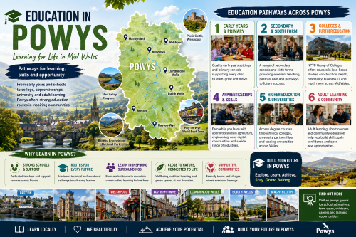 Infographic titled “Education in Powys” showing learning pathways across Mid Wales. It features a map of Powys with Brecon, Hay-on-Wye, Builth Wells, Llandrindod Wells, Newtown, Welshpool and Machynlleth, plus imagery of Elan Valley, Bannau Brycheiniog, Powis Castle and local towns. The design highlights early years and primary education, secondary and sixth form, colleges and further education, apprenticeships and skills, higher education, and adult learning, with a focus on supportive communities, local schools, career routes and lifelong learning. Why Move to Powys