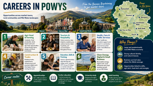 Infographic titled “Careers in Powys” showing career opportunities across Mid Wales. It features Powys landscapes, Brecon, Hay-on-Wye, Llandrindod Wells, Elan Valley and a county map marking Machynlleth, Newtown, Welshpool, Builth Wells and Brecon. The design highlights agri-food and farming, tourism and hospitality, health, care and public services, construction and trades, education, skills and training, clean energy, digital work and small business, with career routes through apprenticeships, further education, university study and adult learning. Why Move to Powys