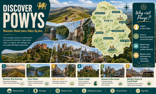 Infographic titled “Discover Powys” promoting Powys as a Mid Wales visitor destination. It features Bannau Brycheiniog, Elan Valley, Hay-on-Wye, Powis Castle, Brecon and the canal, market towns and local food. A map marks Machynlleth, Newtown, Welshpool, Rhayader, Llandrindod Wells, Builth Wells, Brecon and Hay-on-Wye. The design highlights mountains, valleys, reservoirs, heritage sites, walking, cycling, big skies and welcoming rural communities. Why Move to Powys