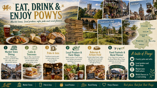 Infographic titled “Eat, Drink & Enjoy Powys” promoting food and drink across Mid Wales. It features Brecon, Hay-on-Wye, Welshpool, Llandrindod Wells, Builth Wells and a Powys map, alongside countryside dining, cafés, tearooms, pubs, inns, local produce, farm shops, bakeries, artisan food and food festivals. The design highlights rural flavours, Welsh produce, market town food culture and welcoming places to eat across Powys. Why Move to Powys