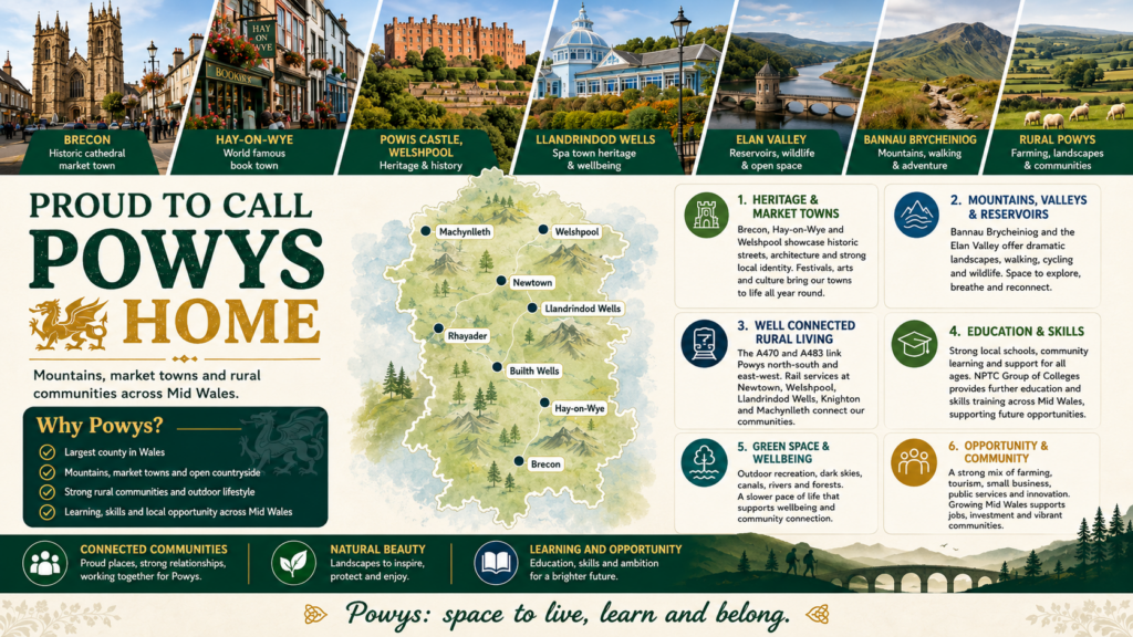 Infographic titled “Proud to Call Powys Home” promoting Powys as a place to live, learn and belong. It features Brecon, Hay-on-Wye, Powis Castle, Llandrindod Wells, Elan Valley, Bannau Brycheiniog and rural Powys. A central map marks Machynlleth, Welshpool, Newtown, Rhayader, Builth Wells, Hay-on-Wye and Brecon. The design highlights heritage and market towns, mountains, valleys and reservoirs, rural transport links, education and skills, green space, wellbeing, opportunity and strong communities across Mid Wales. Why Move to Powys