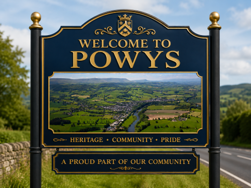 Welcome to Powys road sign featuring gold lettering, a crest, and an aerial countryside view of green fields, a river, and rolling hills. Why Move to Powys