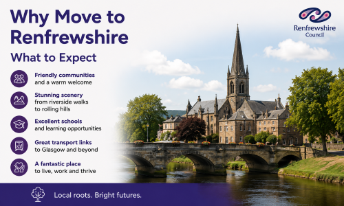 “Why Move to Renfrewshire relocation guide featuring scenic riverside views, welcoming communities, excellent schools, strong transport links, and a high quality of life, presented in a modern promotional design.”