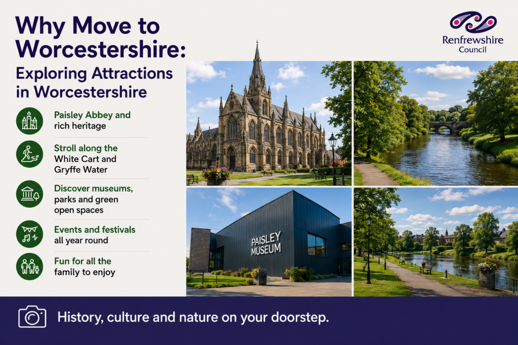 “Why Move to Renfrewshire attractions guide showcasing Paisley Abbey, scenic riverside walks, museums, parks, local festivals, and family-friendly activities, highlighting the history, culture, and natural beauty of Renfrewshire.”