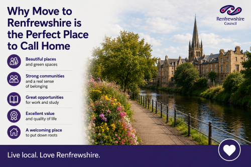 “Why Move to Renfrewshire lifestyle guide highlighting beautiful green spaces, strong communities, excellent opportunities for work and study, quality of life, and welcoming neighbourhoods, featuring a scenic riverside walkway and historic town architecture in Renfrewshire.”