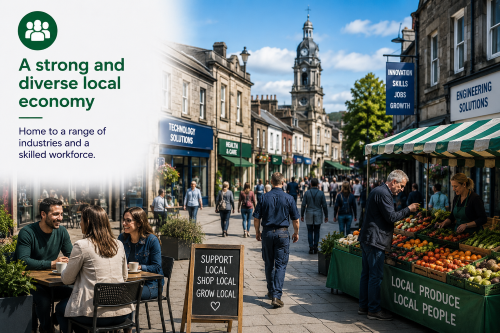 “Why Move to Renfrewshire: A Strong and Diverse Local Economy” promotional image showcasing the vibrant business and employment landscape across Renfrewshire. The image features a bustling town centre with independent retailers, cafés, local market stalls, professional services, engineering businesses and healthcare providers, reflecting the area's broad economic base. Residents and business owners interact within a thriving high street environment, highlighting community engagement, entrepreneurship and local commerce. Designed around themes of innovation, skills, jobs and growth, the graphic demonstrates how Renfrewshire supports a wide range of industries and a skilled workforce. It illustrates why Renfrewshire is an attractive location for employment, business development and investment, offering opportunities across multiple sectors while maintaining a strong local economy rooted in community and enterprise.”