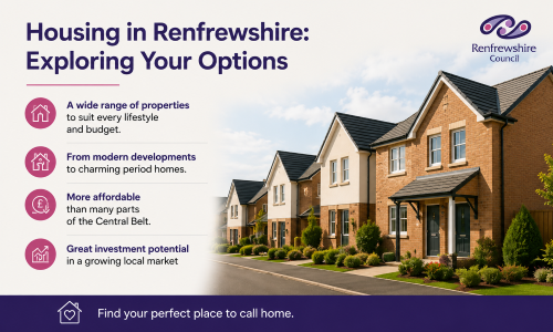 “Why Move to Renfrewshire housing guide highlighting a range of housing options, modern developments, affordable homes, and property investment opportunities, featuring a contemporary residential neighbourhood in a clean promotional layout.”