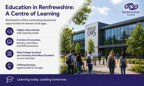 “Why Move to Renfrewshire education guide highlighting highly rated schools, nursery and ASN provision, university opportunities, and lifelong learning, featuring students walking through a modern education campus.”