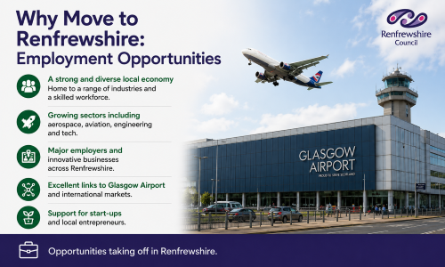 “Why Move to Renfrewshire employment opportunities guide highlighting a strong local economy, growing sectors, major employers, links to Glasgow Airport, and support for start-ups and entrepreneurs.”